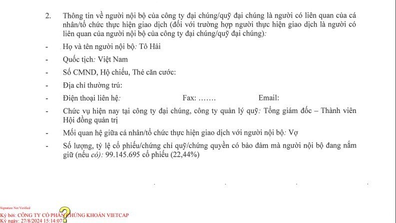 Vợ TGĐ VCI Tô Hải muốn bán 13,2 triệu cổ phiếu