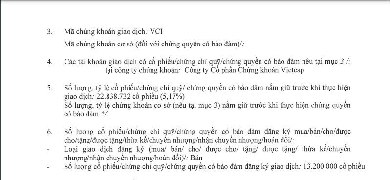 Vợ TGĐ VCI Tô Hải muốn bán 13,2 triệu cổ phiếu