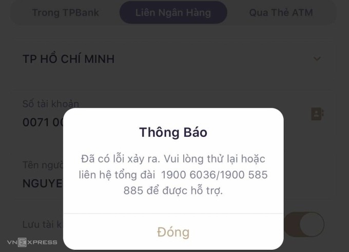 Giao dịch qua TPBank bị nghẽn