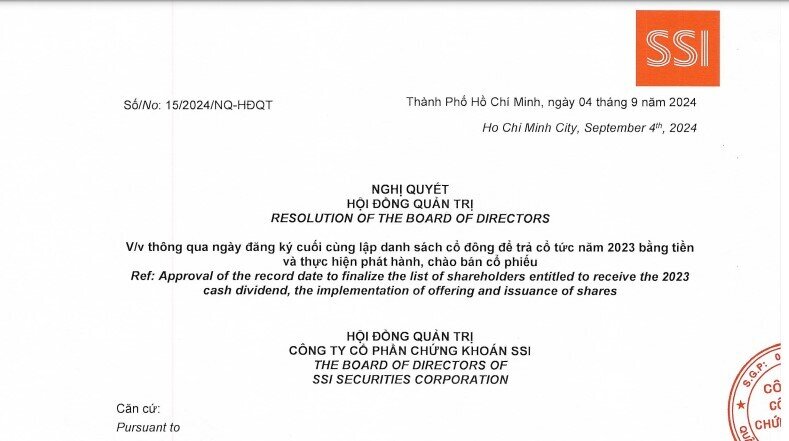 SSI chốt quyền trả cổ tức 10% và phát hành 453 triệu cổ phiếu
