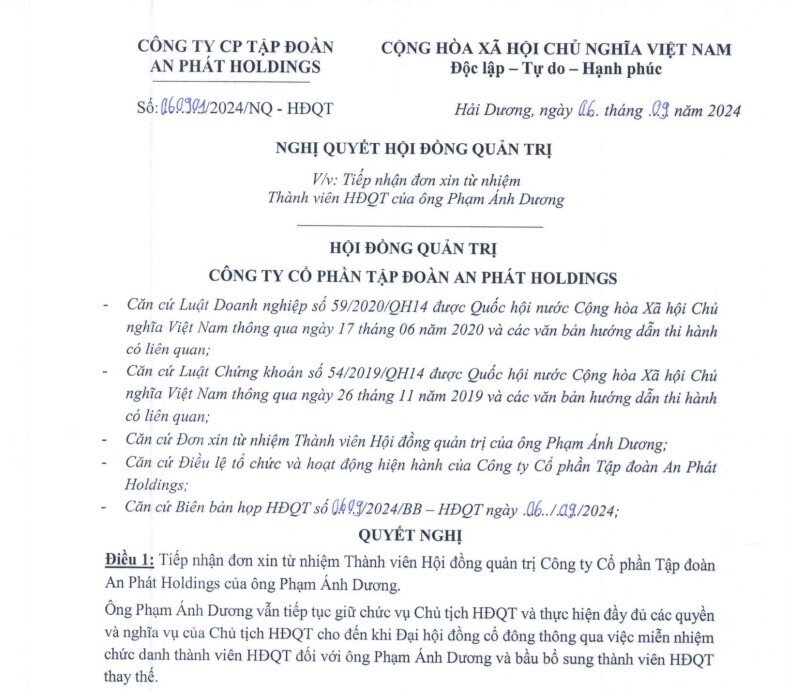 Ông Phạm Ánh Dương xin từ nhiệm Chủ tịch HĐQT An Phát Holdings (APH) sau khi đăng ký bán sạch cổ phiếu