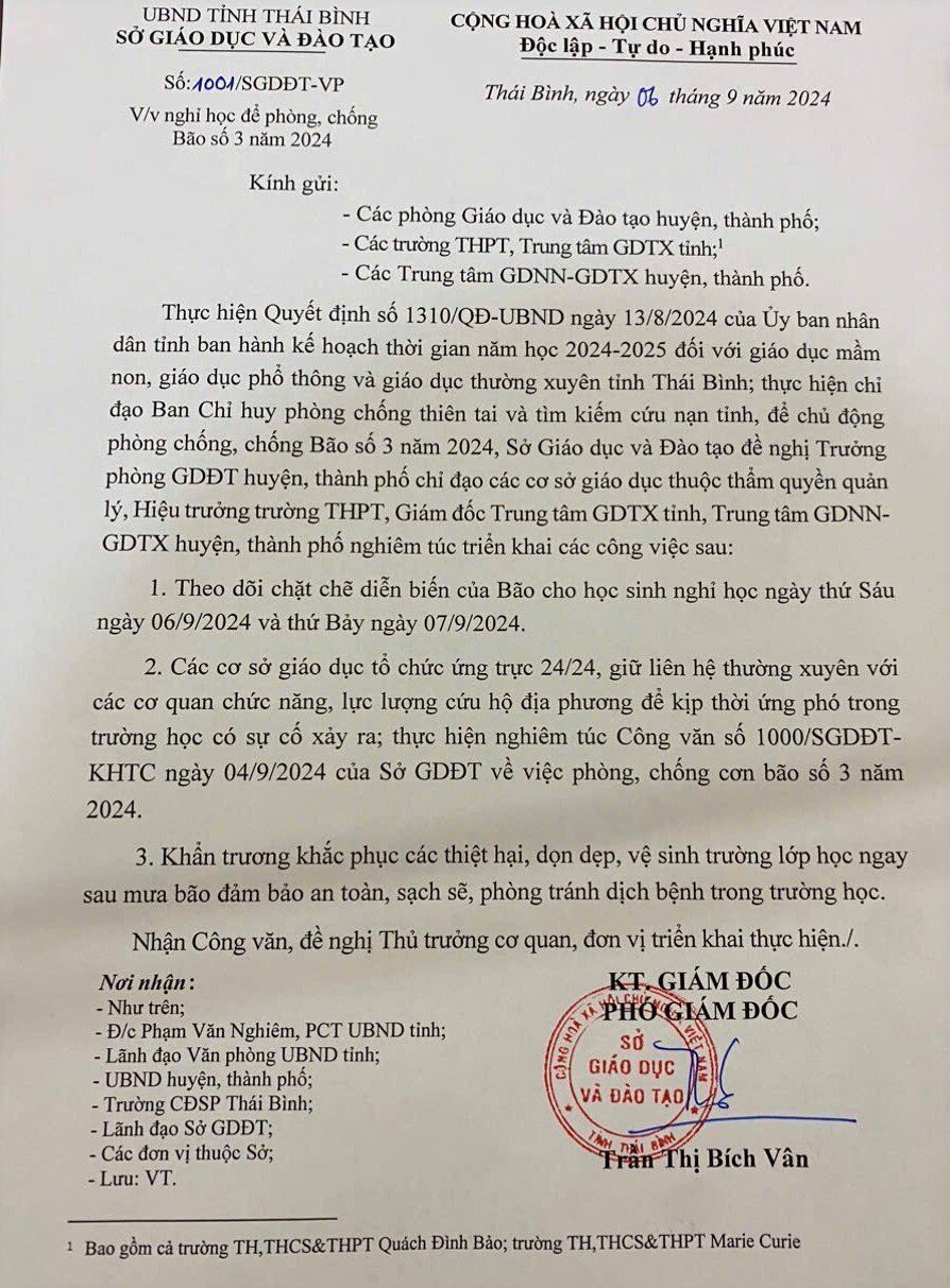 4 địa phương cho học sinh nghỉ học để tránh siêu bão Yagi, riêng Hà Nội phát văn bản hỏa tốc