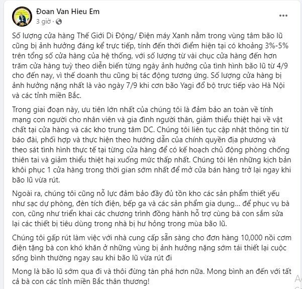 Lãnh đạo Thế Giới Di Động: Tặng 10.000 nồi cơm cho người dân bị ảnh hưởng nặng bởi bão lũ để tái thiết cuộc sống