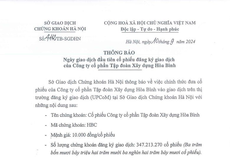 HBC chính thức giao dịch trên UpCOM từ 18/9 với giá tham chiếu 5.700 đồng/cp