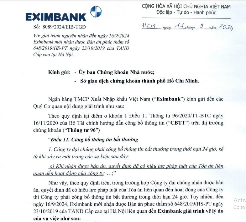 Eximbank bất ngờ nhận phán quyết vụ 'bốc hơi' 50 tỷ đồng sau 5 năm