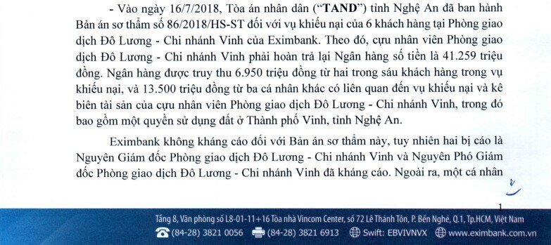 Eximbank bất ngờ nhận phán quyết vụ 'bốc hơi' 50 tỷ đồng sau 5 năm