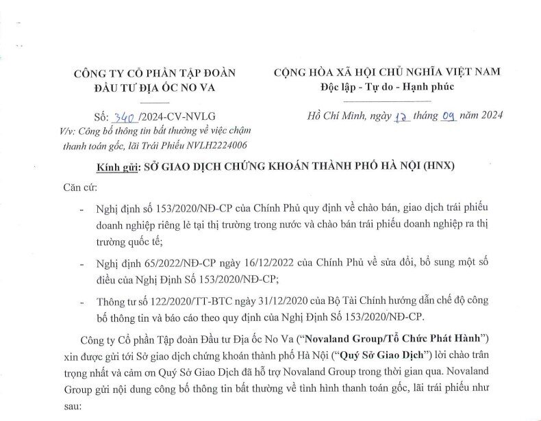 Novaland lại chậm thanh toán 173 tỷ đồng gốc và lãi trái phiếu