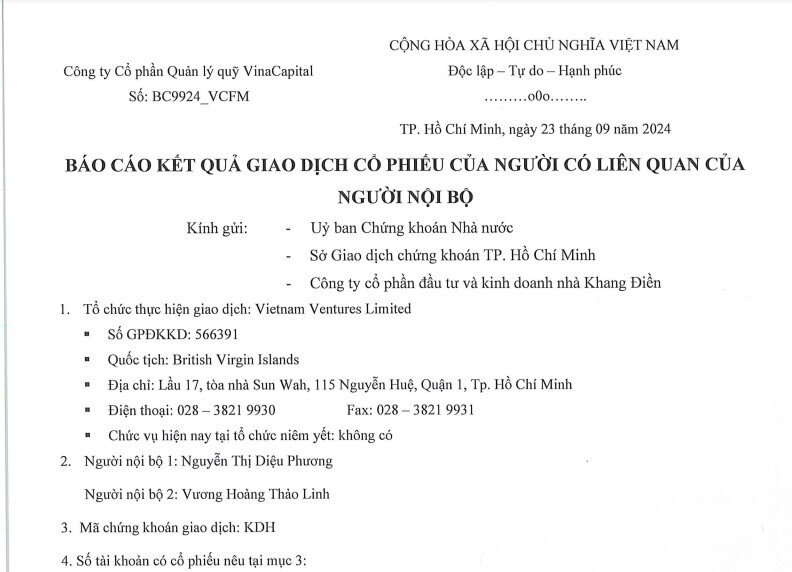 Quỹ thuộc VinaCapital ước thu 360 tỷ đồng từ bán hàng triệu cổ phiếu KDH