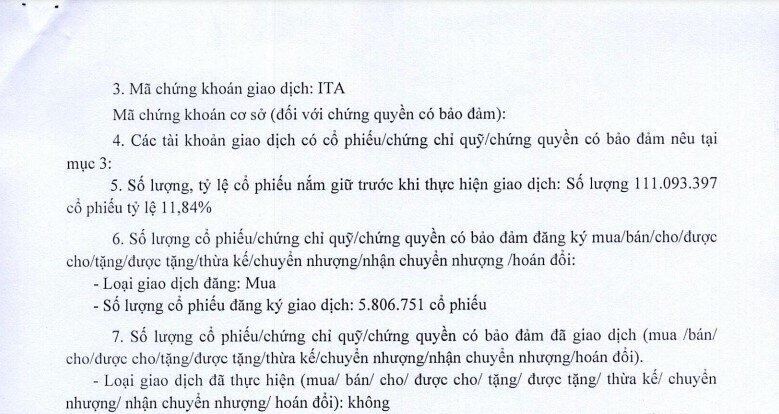 Đăng ký 'gom' gần 6 triệu ITA khi cổ phiếu 'bay' 60%, Công ty liên quan bà Đặng Thị Hoàng Yến mua 0 đơn vị