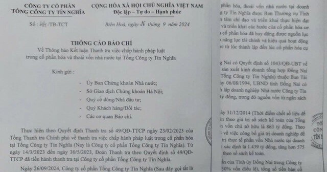 Tổng Công ty Tín Nghĩa nói gì sau kết luận thanh tra?