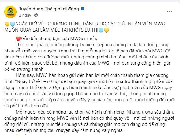 Từng cắt giảm hơn 20.000 nhân sự, Thế Giới Di Động (MWG) “quay xe” mời nhân viên cũ trở lại làm việc