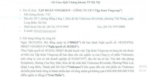 Vingroup đem tài sản đảm bảo cho Vinhomes phát hành tối đa 4.000 tỷ đồng trái phiếu