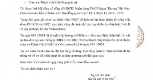 Ông Nguyễn Mỹ Hào xin từ nhiệm vị trí Thành viên HĐQT Vietcombank (VCB)