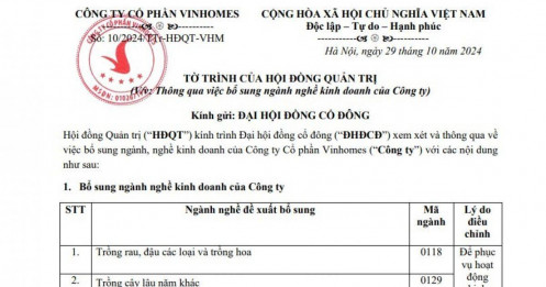 Vinhomes lấy ý kiến cổ đông bổ sung ngành nghề kinh doanh trồng rau, hoa, vệ sinh công nghiệp