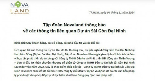 Novaland (NVL) lên tiếng làm rõ vụ việc dự án Sài Gòn Đại Ninh