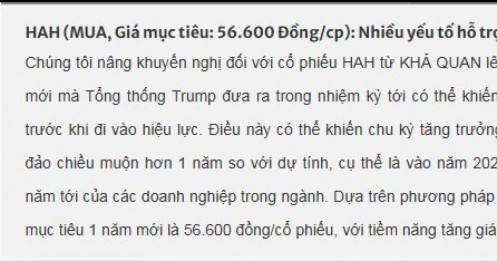 Cổ phiếu HAH được dự báo tăng hơn 20%