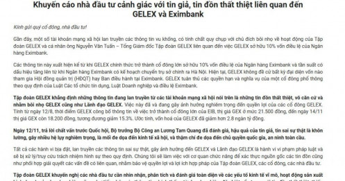 Tập đoàn GELEX (GEX) đưa ra khuyến cáo nhà đầu tư cảnh giác với tin giả, tin đồn thất thiệt