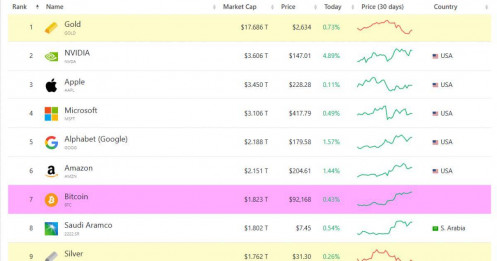 Vượt mặt Tesla, Meta...Bitcoin trở thành tài sản giá trị thứ 7 thế giới