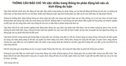 GELEX (GEX) đề nghị cơ quan chức năng vào cuộc điều tra hành vi phát tán thông tin bôi nhọ, vu khống về lãnh đạo tập đoàn