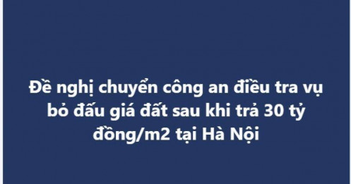 Đề nghị chuyển công an điều tra vụ bỏ đấu giá đất sau khi trả 30 tỷ đồng/m2 tại Hà Nội