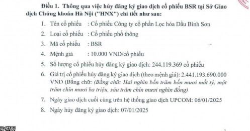 244 triệu cổ phiếu BSR sẽ giao dịch phiên cuối trên UpCOM vào 7/1/2025