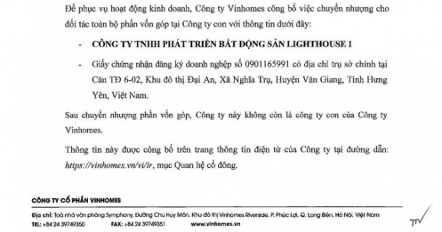 Vinhomes (VHM) thoái toàn bộ vốn công ty con tại Hưng Yên