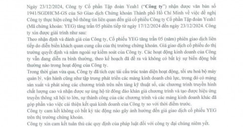 Yeah1 giải trình cổ phiếu tăng trần 5 phiên do cung - cầu thị trường