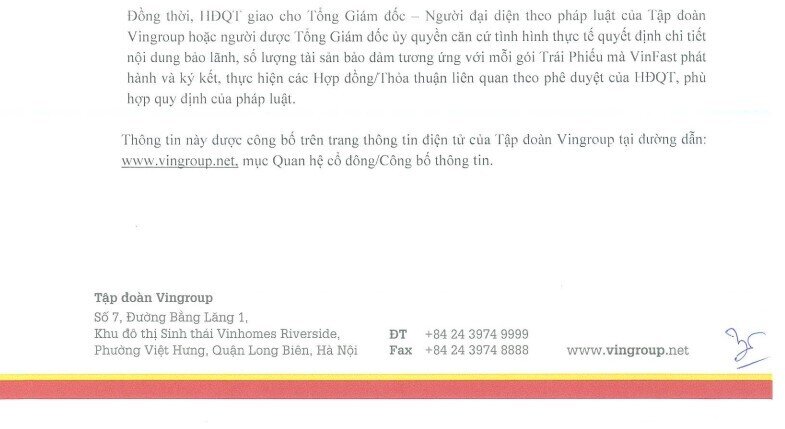 Vingroup bảo lãnh thanh toán 6.500 tỷ đồng trái phiếu do VinFast phát hành