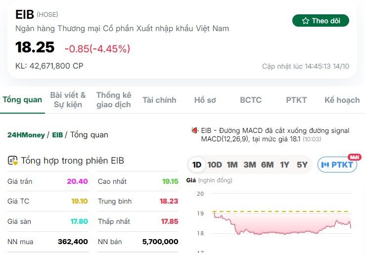 'Cá mập' tung 23 lệnh thỏa thuận, sang tay 57 triệu cổ phiếu EIB