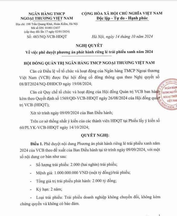 Vietcombank huy động hàng nghìn tỷ đồng trái phiếu xanh '3 không'