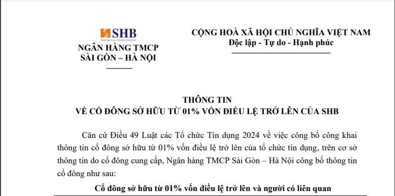 Những cổ đông nào đang sở hữu từ 1% vốn điều lệ trở lên của SHB?