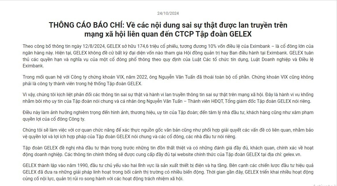 GELEX (GEX) lên tiếng bác bỏ các thông tin đang lan truyền