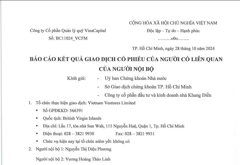 Quỹ thuộc VinaCapital không bán hết 2,4 triệu cổ phiếu KDH đã đăng ký