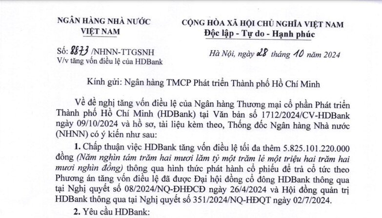 HDBank được NHNN chấp thuận tăng vốn, chuẩn bị trả cổ tức 20%