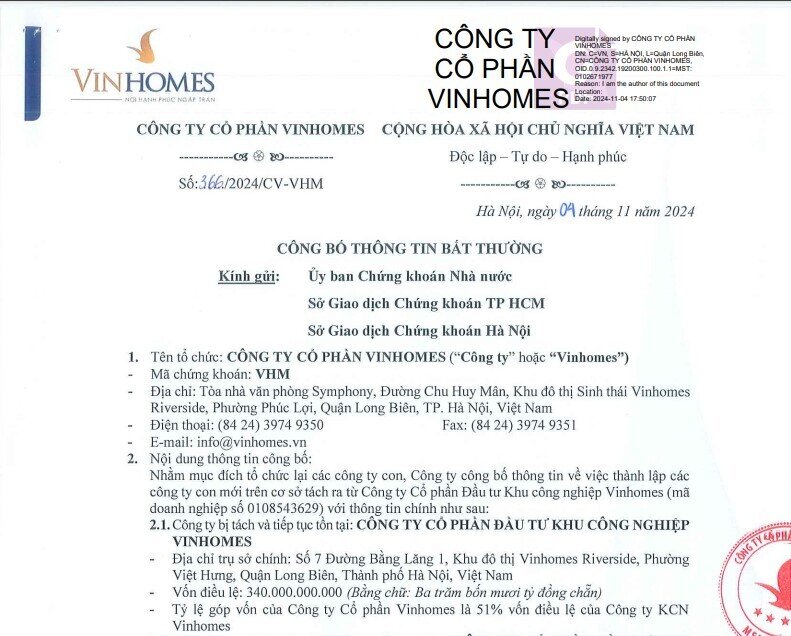 Vinhomes tách công ty trong mảng khu công nghiệp ra làm 3 công ty con mới