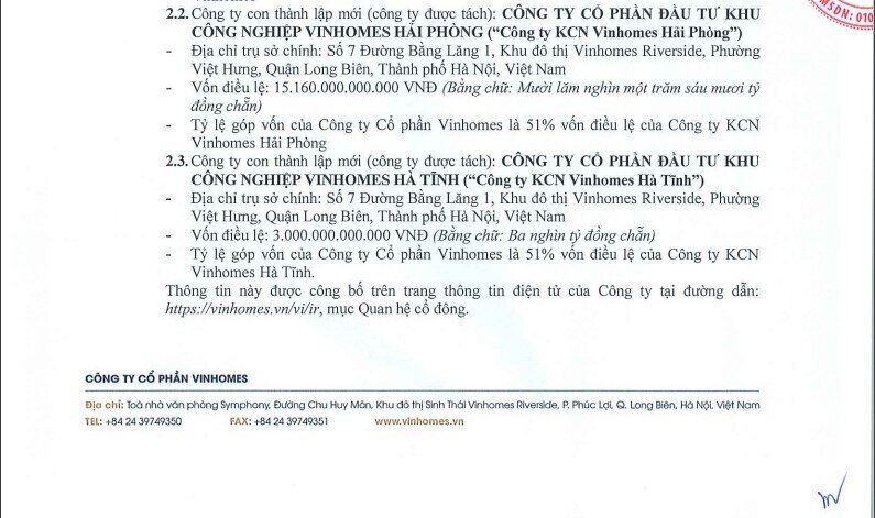 Vinhomes tách công ty trong mảng khu công nghiệp ra làm 3 công ty con mới