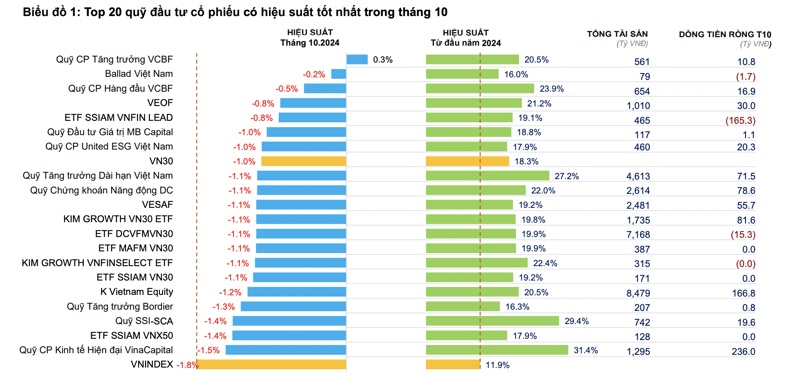 Hàng chục quỹ cổ phiếu hiệu suất âm trong tháng 10, giảm mạnh hơn cả VN-Index