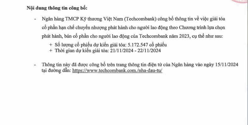 Techcombank (TCB) chuẩn bị giải toả hơn 5 triệu cổ phiếu từ đợt ESOP năm 2023