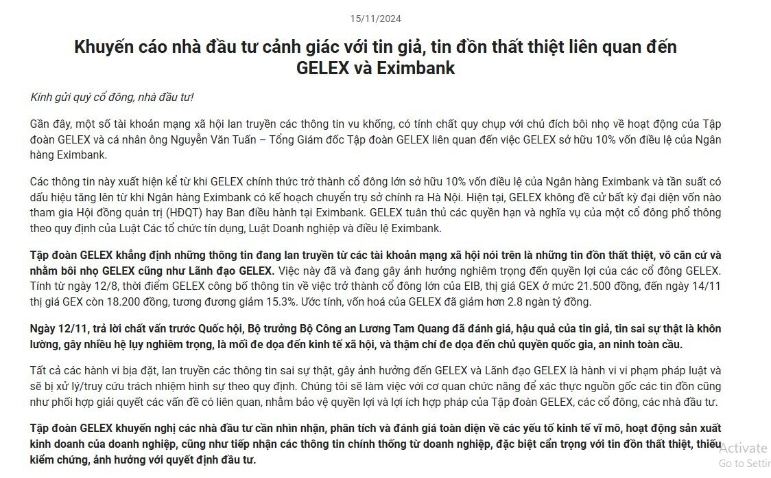 Tập đoàn GELEX (GEX) đưa ra khuyến cáo nhà đầu tư cảnh giác với tin giả, tin đồn thất thiệt