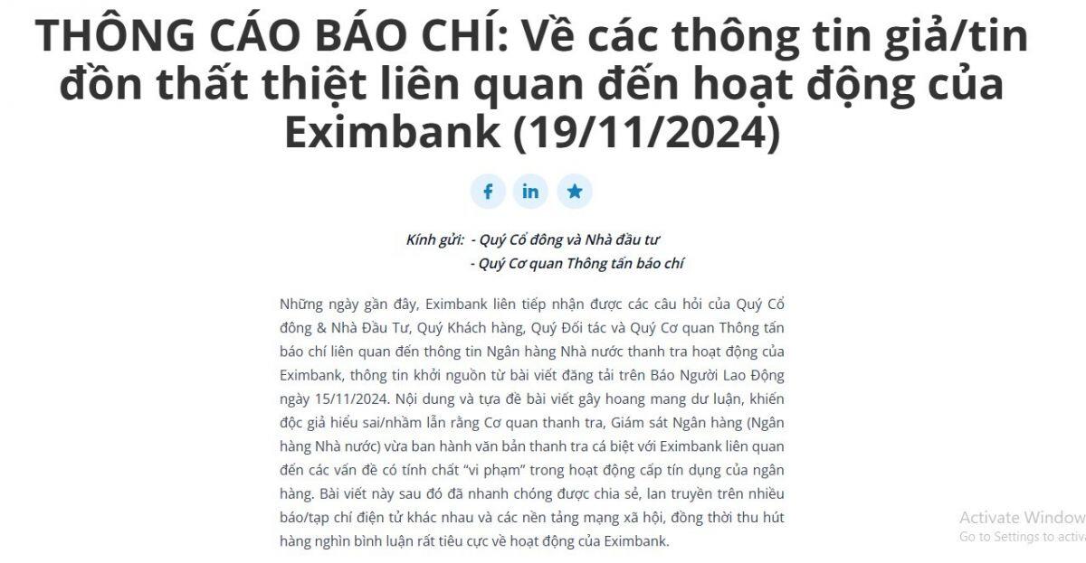 Eximbank lên tiếng về việc "bị Ngân hàng Nhà nước thanh tra"