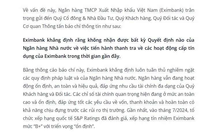 Eximbank lên tiếng về việc "bị Ngân hàng Nhà nước thanh tra"