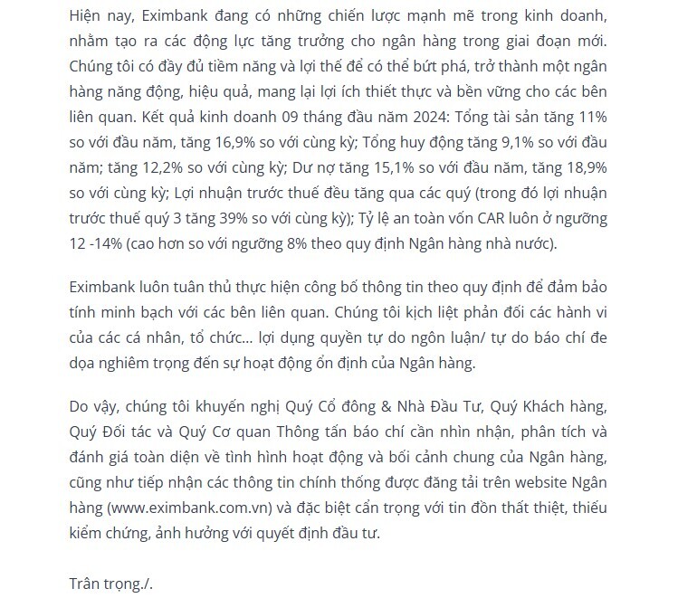 Eximbank lên tiếng về việc "bị Ngân hàng Nhà nước thanh tra"