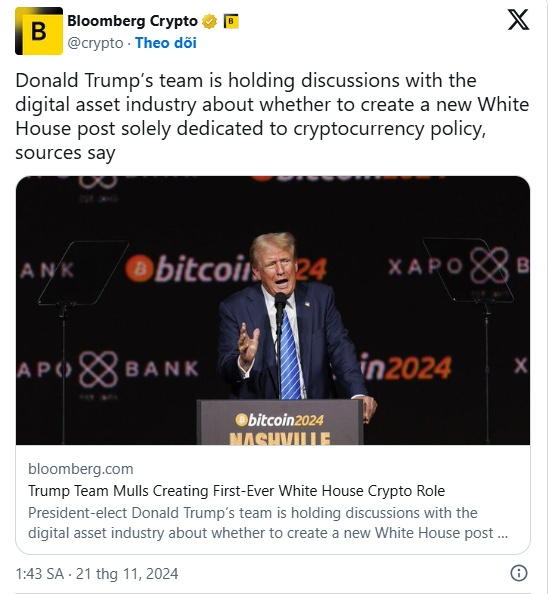 Ông Trump muốn bổ nhiệm quan chức chuyên về chính sách crypto