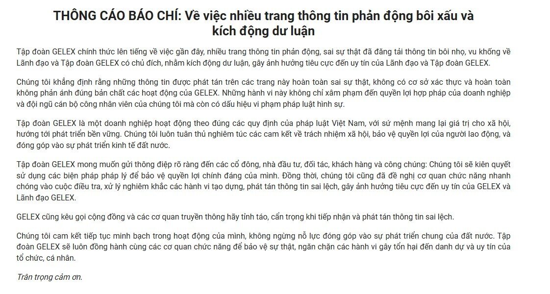 GELEX (GEX) đề nghị cơ quan chức năng vào cuộc điều tra hành vi phát tán thông tin bôi nhọ, vu khống về lãnh đạo tập đoàn