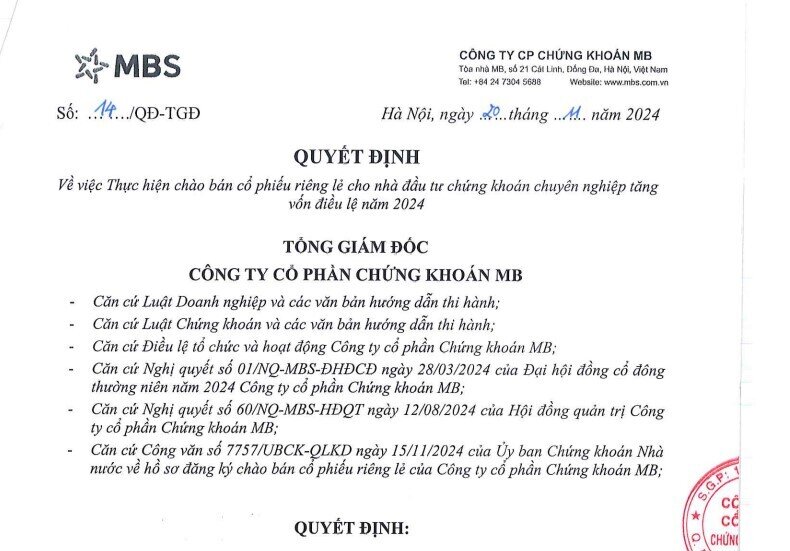 MBS chào bán riêng lẻ gần 26 triệu cổ phiếu, dự thu gần 600 tỷ đồng