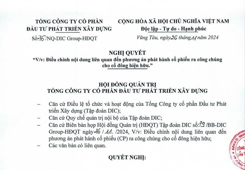 DIC Corp (DIG) thay đổi phương án phát hành 200 triệu cổ phiếu, giá 15.000 đồng/cp