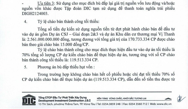 DIC Corp (DIG) thay đổi phương án phát hành 200 triệu cổ phiếu, giá 15.000 đồng/cp