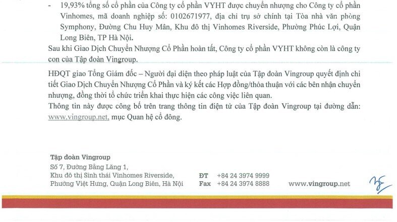 Vingroup chuyển nhượng 80% vốn tại công ty kinh doanh một phần dự án Vũ Yên