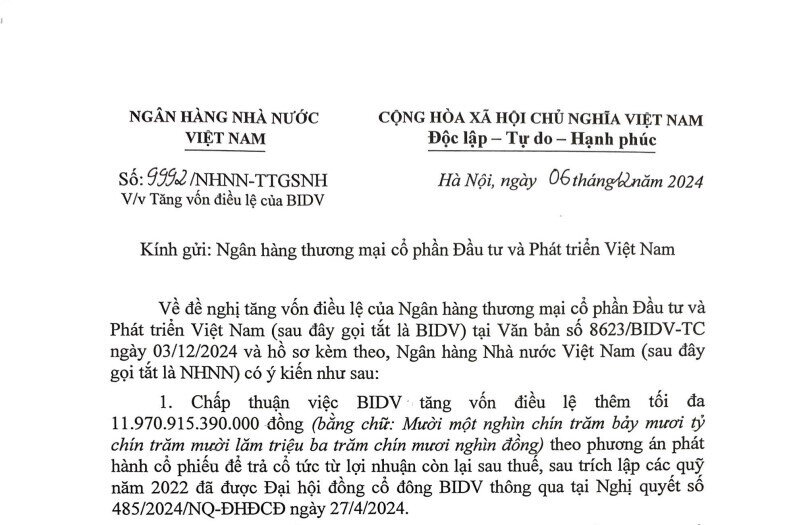 BIDV được NHNN chấp thuận tăng vốn điều lệ lên gần 69.000 tỷ đồng