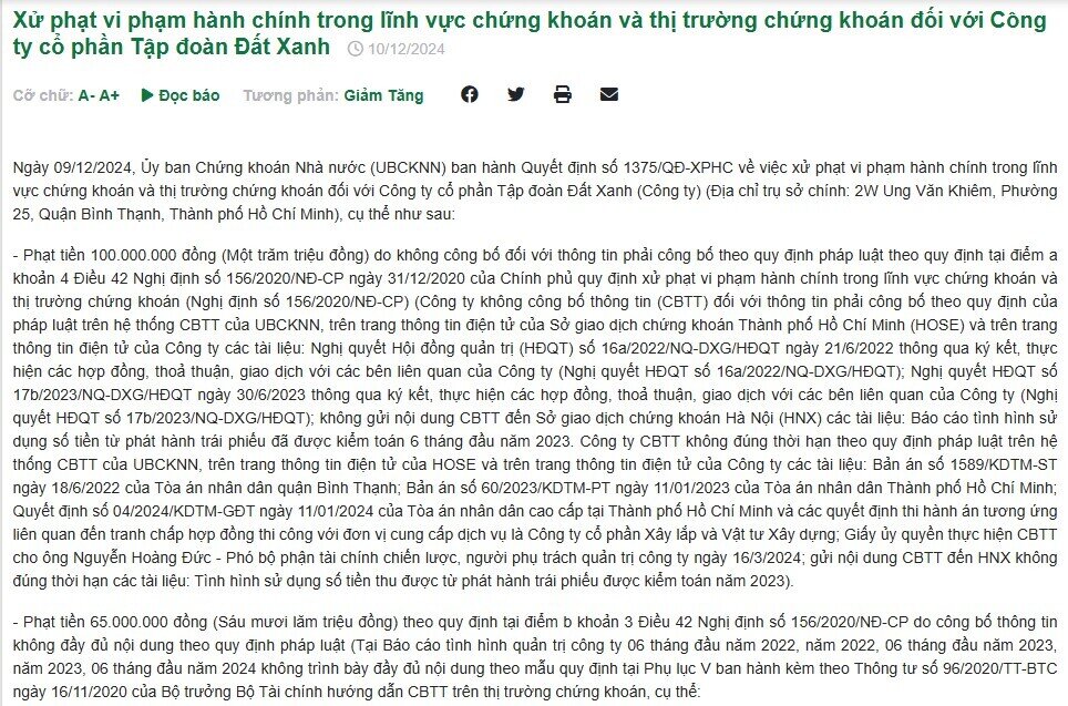 Đất Xanh (DXG) bị phạt do "mập mờ" trong khoản vay với ông Lương Trí Thìn và các giao dịch liên quan